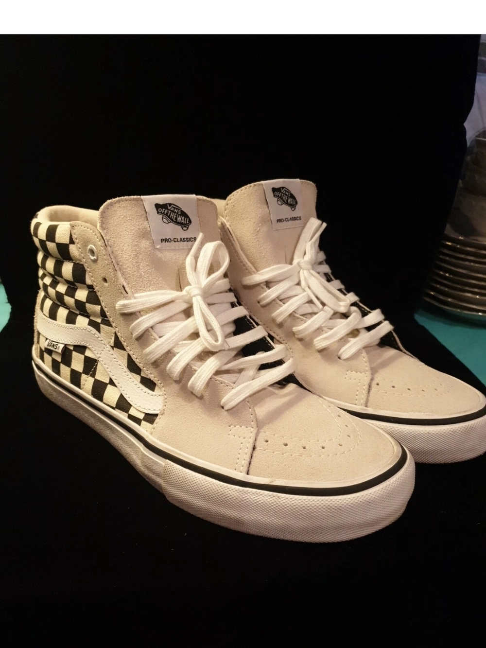 Vans Pro Sk8 Hi Checkerboard& Wave  Suede Men Sz 9 .5 Women 11 WHITE/CREAM/Black